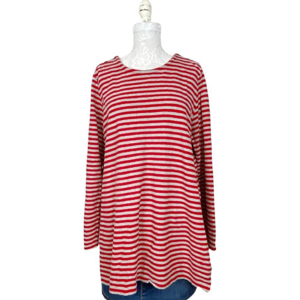 J. Jill Red/Grey Striped Tunic Size L Womens Slits Sides 3 Button Shoulder